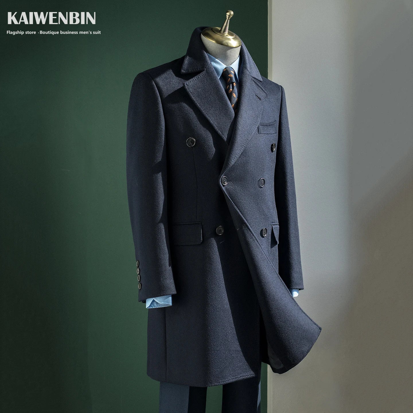 Men's Overcoat Warm Thick 100% Wool Double Breasted Navy Blue Slim Fit Luxury Business Long Coat Custom