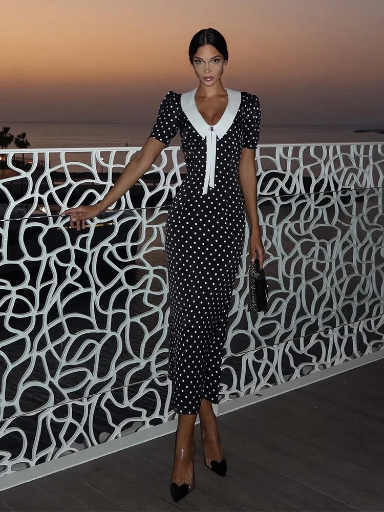 Dot Printed Dresses For Women Fashion Sexy Streetwear Short Sleeves Sheath Turn Down Collar V-Neck Long Vestidos Robes Female