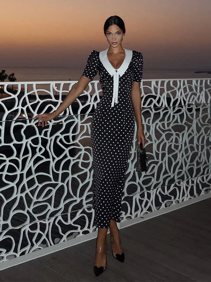 Dot Printed Dresses For Women Fashion Sexy Streetwear Short Sleeves Sheath Turn Down Collar V-Neck Long Vestidos Robes Female