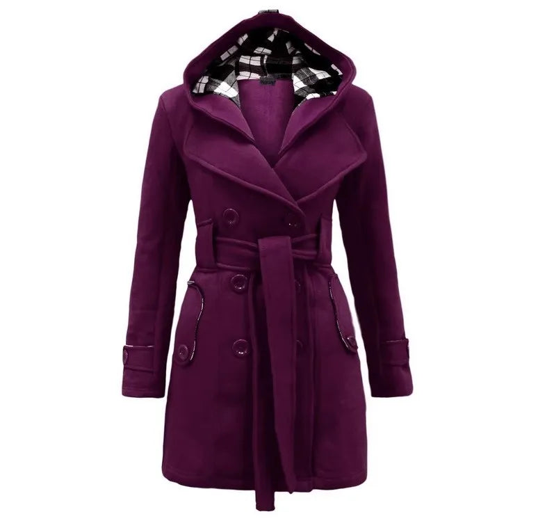 2025 Autumn Women's Hooded Overcoat Trend Double-Breasted Design Belt Side Pockets Plaid Splice Woolen Coats Winter Jacket Femme