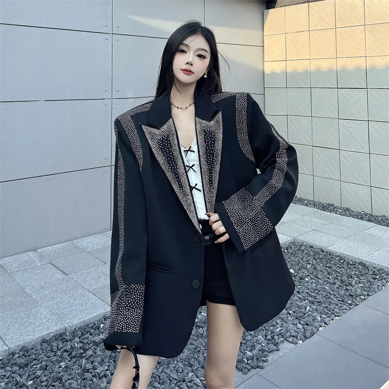 Women's BF Oversize Coats Loose Casual Single-Breasted Retro Beaded Jacket Office Lady Outerwear Autumn Winter