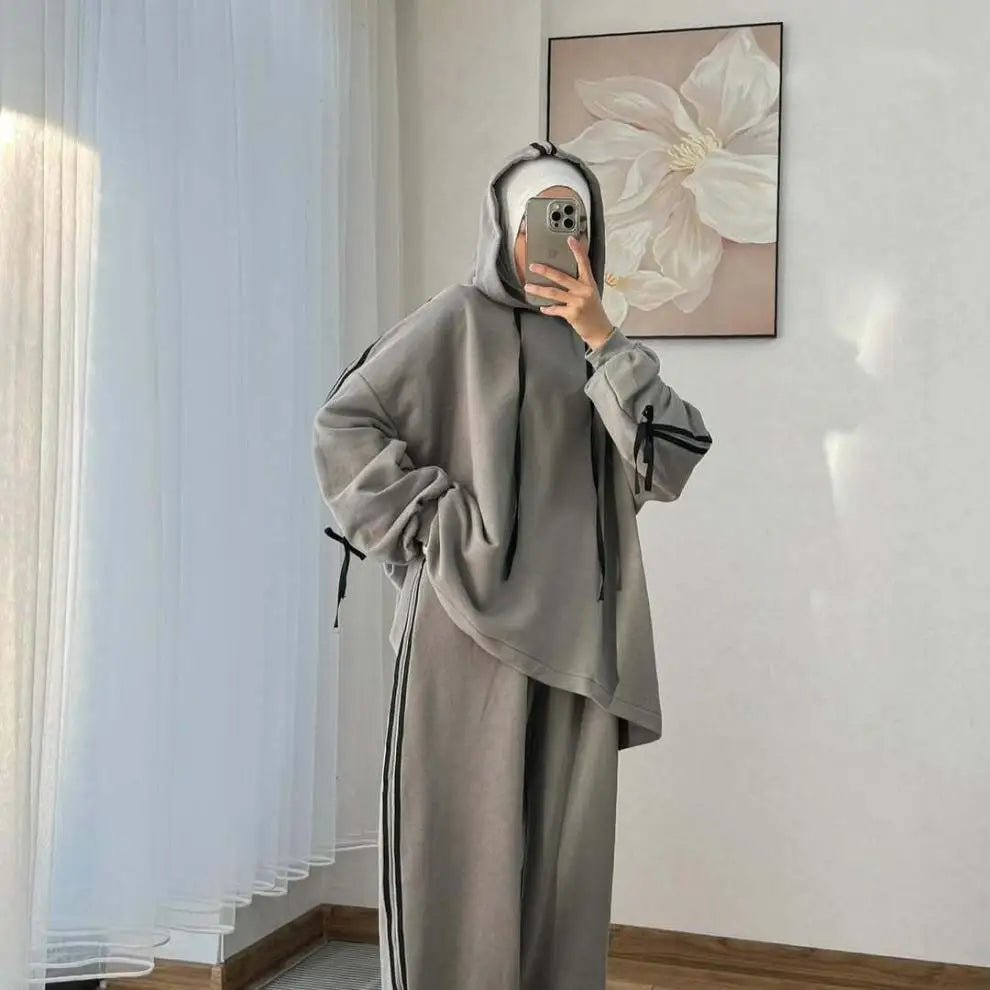 Muslim Suit Women Hoodie Top Wide Leg Pants 2 Piece Set Trousers Hooded sweatshirt Ensemble Sporty Stripe Outfits Tracksuit