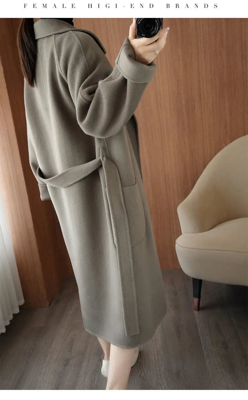 2024 Women's Wear 100% Wool Coat Autumn/Winter Fashion Temperament Double sided Cashmere Coats with Belt Elegant Long Overcoat