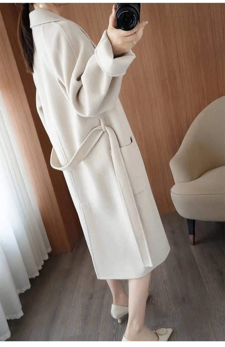 2024 Women's Wear 100% Wool Coat Autumn/Winter Fashion Temperament Double sided Cashmere Coats with Belt Elegant Long Overcoat