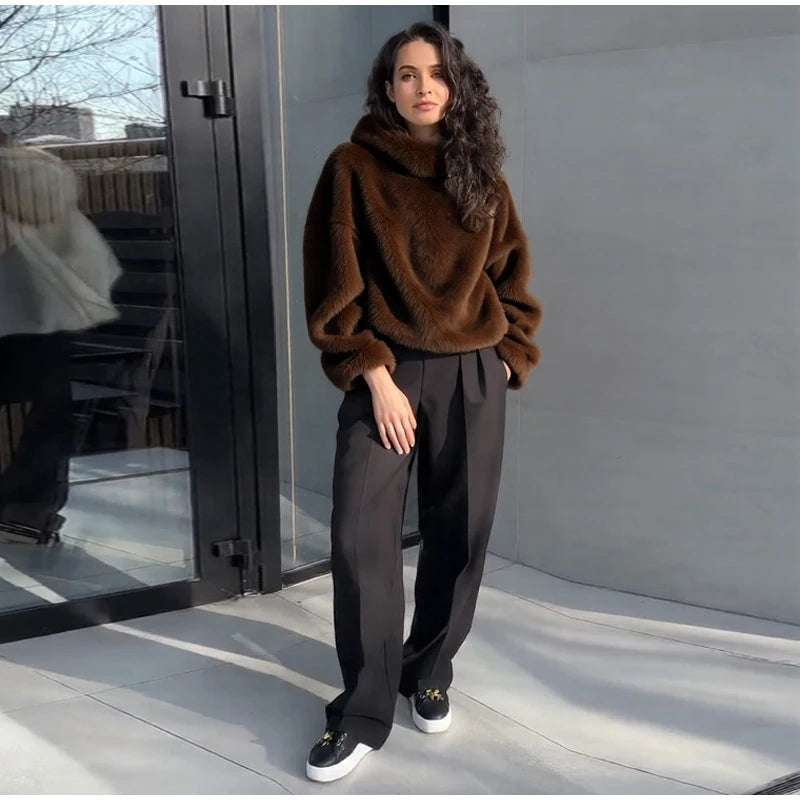 Fashion Furry Hooded Faux Fur Coats Women's Loose Long Sleeve Brown Warm Pullovers 2025 Autumn Winter Lady Casual Outwear