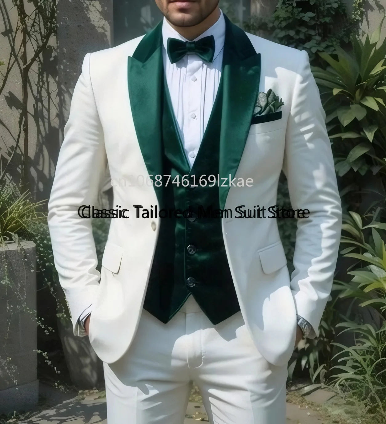 Men's  White Green Velvet Three-Piece Suit for Weddings Tailored Suit