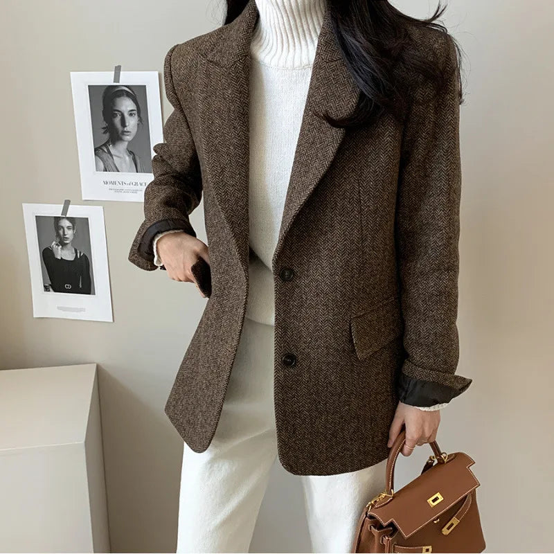 Wool Women Coats Jackets Blends Turn Down Collar Coat Thick Warm Y2k Streetwear Jacket Work Outerwear Slim Fit Autumn Winter
