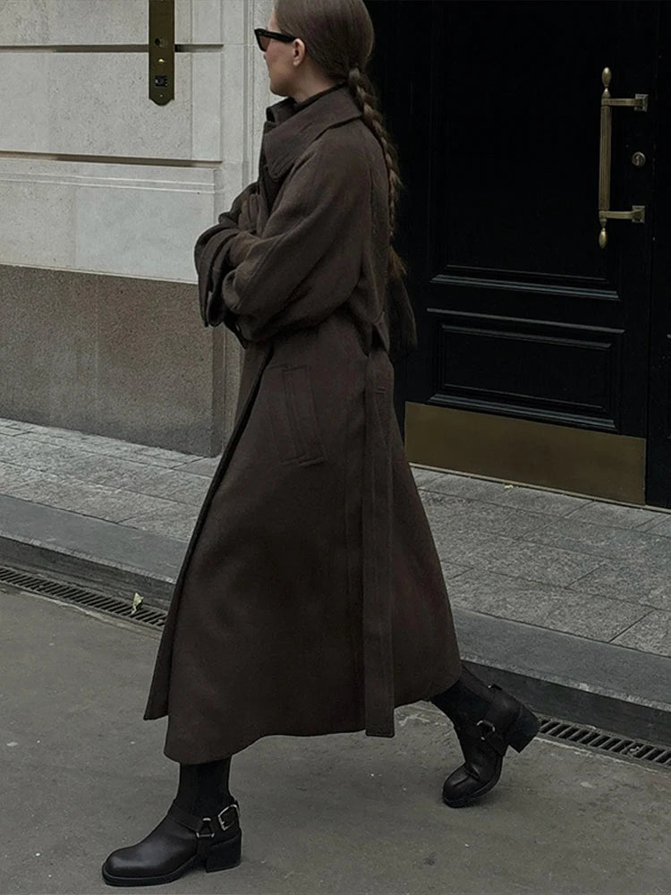 Elegant Woolen Women's Long Coat Long Sleeve Turn-down Single Breasted Female Overcoat 2025 Autumn Winter Chic Casual Lady Coats