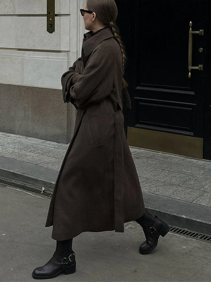 Elegant Woolen Women's Long Coat Long Sleeve Turn-down Single Breasted Female Overcoat 2025 Autumn Winter Chic Casual Lady Coats