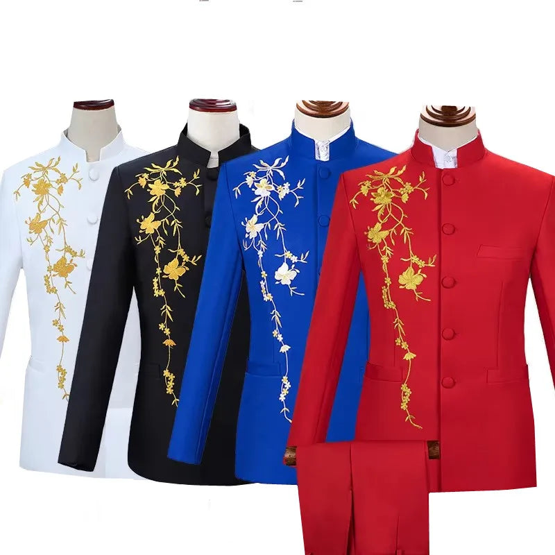 2025 New Men's Chinese Style Applique Suits Slim Fit Flower Set Male Wedding Prom Party Dress Blazers Jacket and Pants