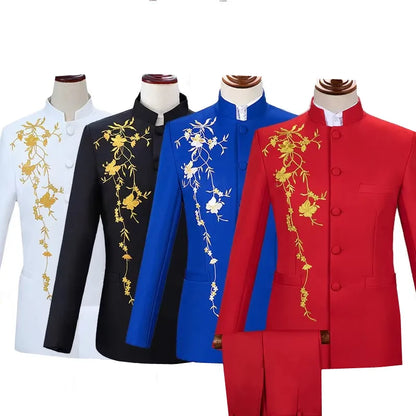 2025 New Men's Chinese Style Applique Suits Slim Fit Flower Set Male Wedding Prom Party Dress Blazers Jacket and Pants