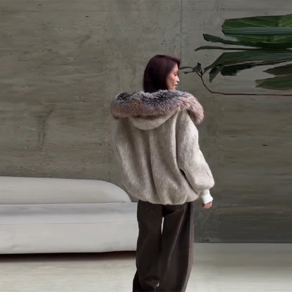 Oversized Winter Women's Coat Wide Faux Fur Collar Hooded Jackets Loose Single Breasted Outwears 2025 New Trendy Warm Lady Coats