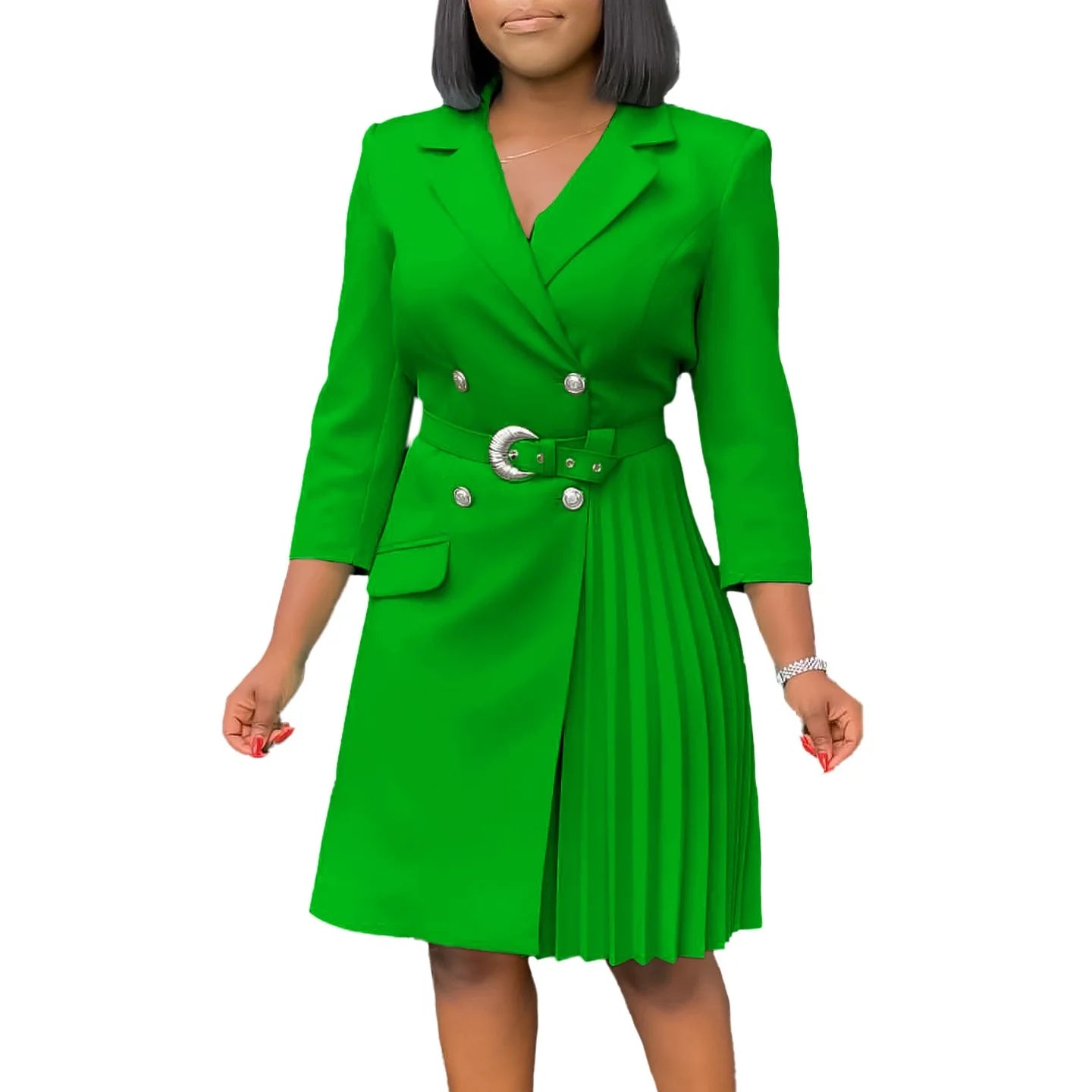 Women’s Elegant Notched Collar Dress, Long Sleeve Pleated Mid-Calf Dress with Waist Sash