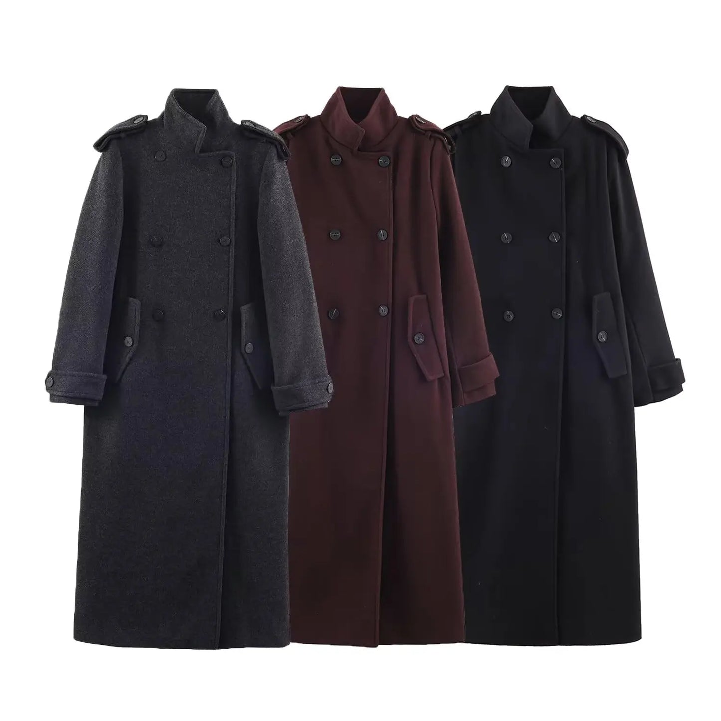 Women’s Stand Collar Long Coats 2025 Winter New Double-Breasted Woolen Coat Vintage Simple Outerwear Fashion Female Overcoat