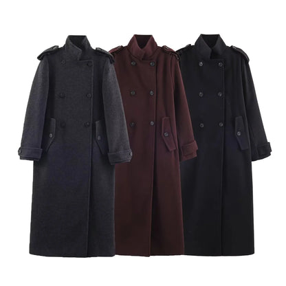 Women’s Stand Collar Long Coats 2025 Winter New Double-Breasted Woolen Coat Vintage Simple Outerwear Fashion Female Overcoat