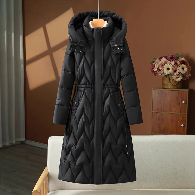 Women Hooded Long Parkas Coats Solid Overcoat Single Breasted Full Sleeves Stand Collar Office Lady Casual 2025 Autumn Winter