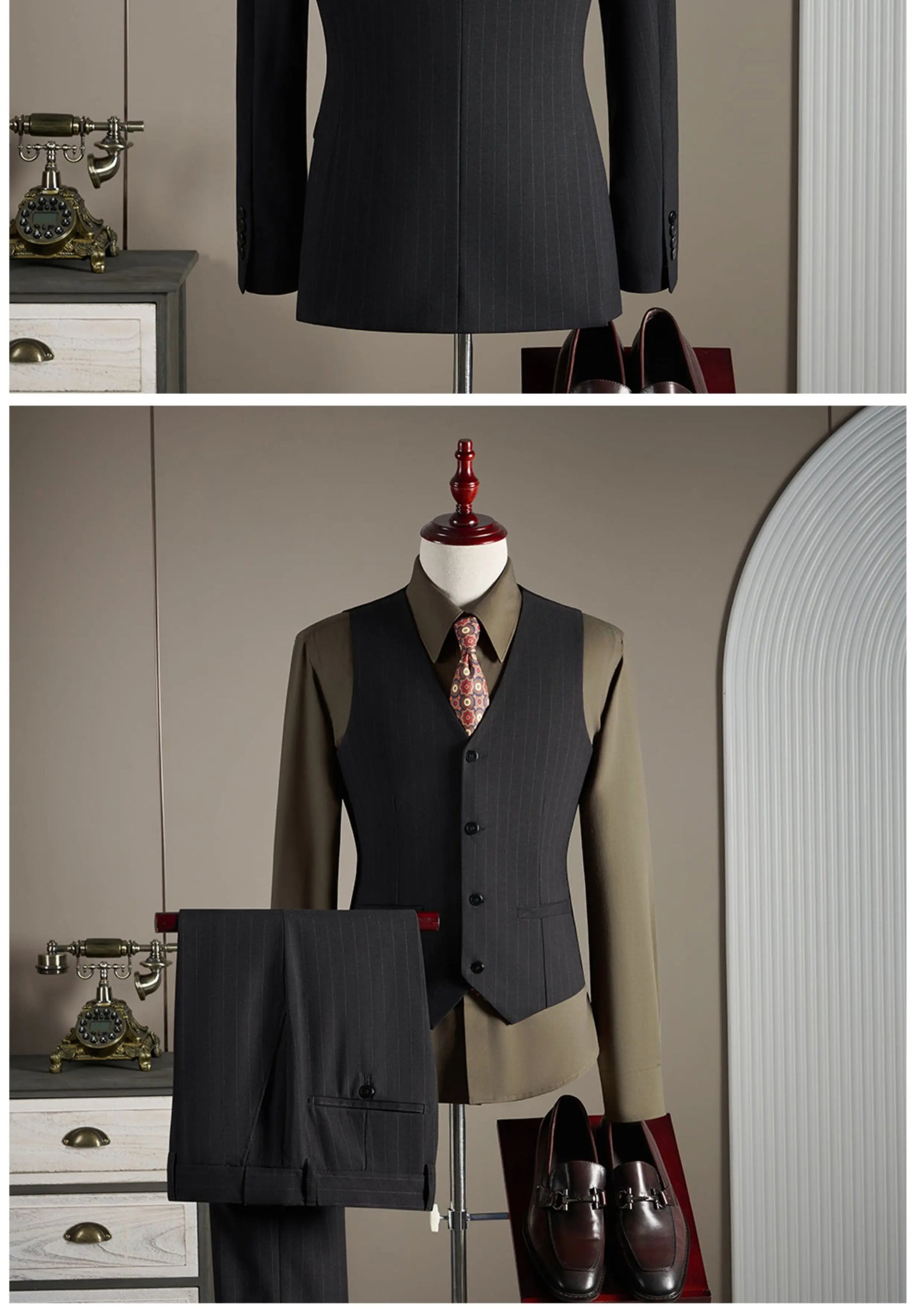 High-quality, fashionable and stylish British-style banquet striped suit set, men's three-piece business casual suit