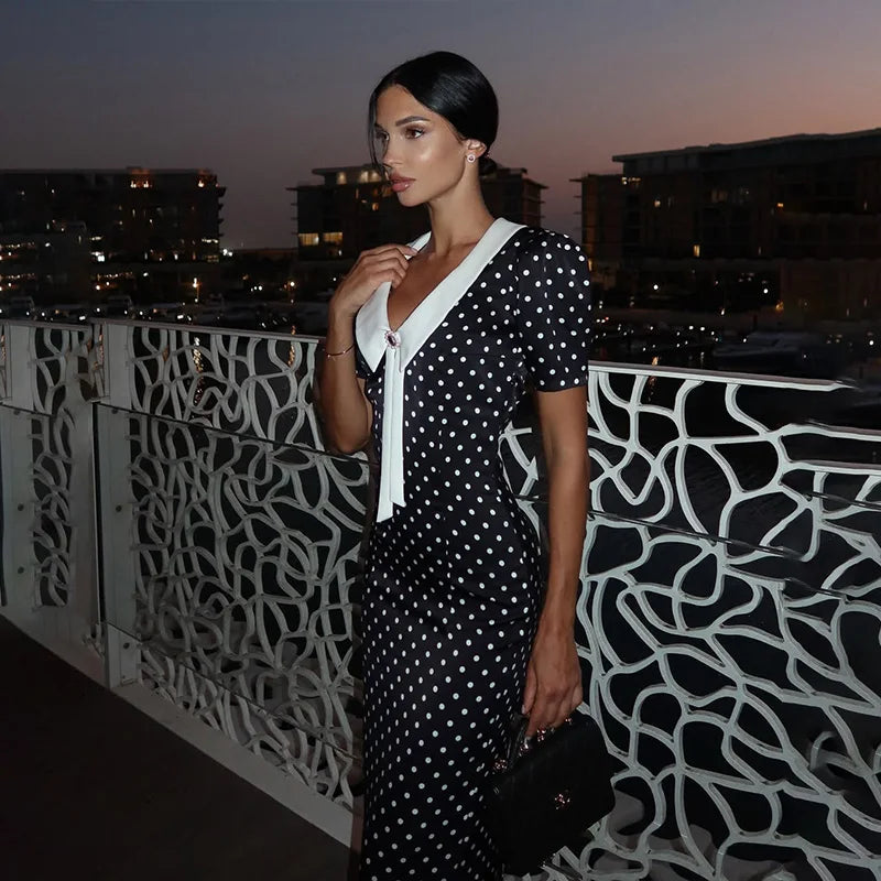 Dot Printed Dresses For Women Fashion Sexy Streetwear Short Sleeves Sheath Turn Down Collar V-Neck Long Vestidos Robes Female