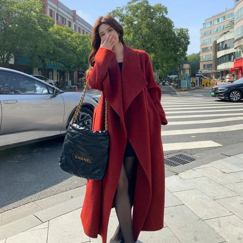 100% Wool Coat Women's Wear 2025 Autumn/Winter Fashion Temperament Double sided Cashmere Coats with Belt Elegant Long Overcoat