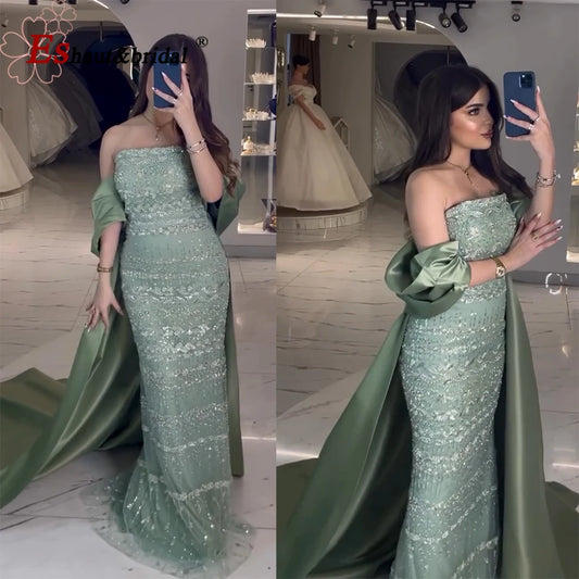 Luxury Dubai Arabic Evening Dresses For Women with Detachable Cape 2024 Elegant Arabic Formal Prom Wedding Party Gown Customized