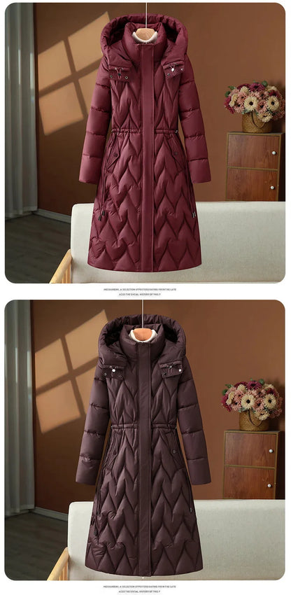 Women Hooded Long Parkas Coats Solid Overcoat Single Breasted Full Sleeves Stand Collar Office Lady Casual 2025 Autumn Winter