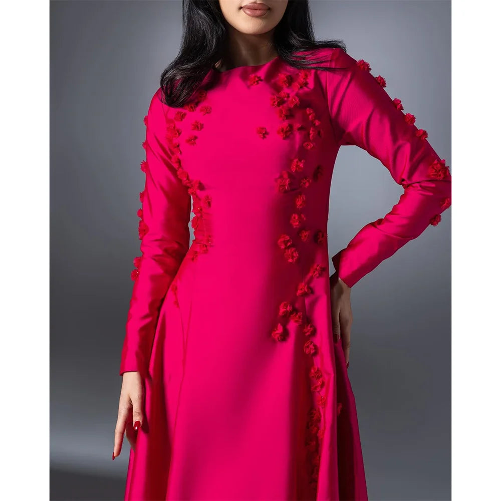 Red Evening Dresses Customized Elegant Satin  A-line Draped Flowers Homecoming Dresses Long Sleeve Party Dresses for Special Ocn