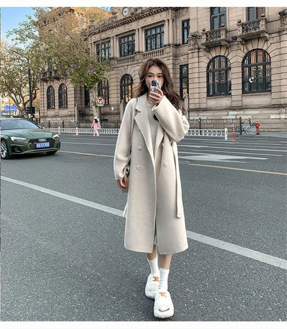 100% Wool Coat Women's Wear 2024 Autumn/Winter Fashion Temperament Double sided Cashmere Coats with Belt Elegant Long Overcoat