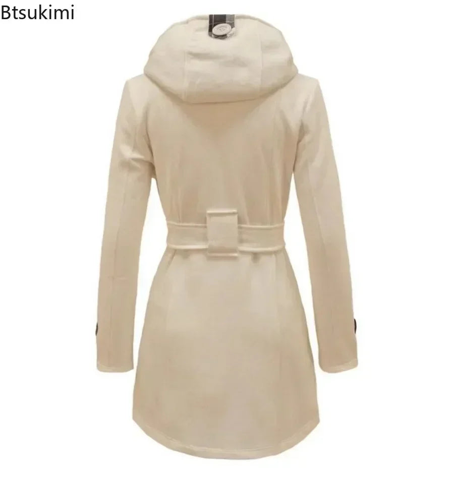 2025 Autumn Women's Hooded Overcoat Trend Double-Breasted Design Belt Side Pockets Plaid Splice Woolen Coats Winter Jacket Femme