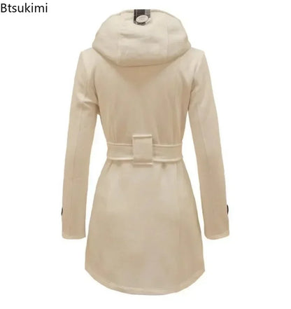 2025 Autumn Women's Hooded Overcoat Trend Double-Breasted Design Belt Side Pockets Plaid Splice Woolen Coats Winter Jacket Femme