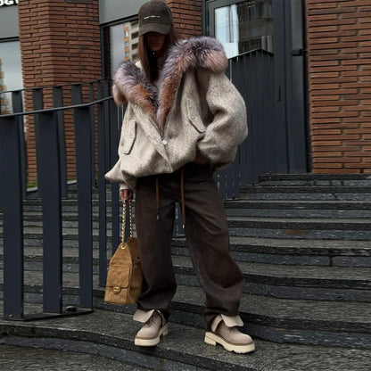 Oversized Winter Women's Coat Wide Faux Fur Collar Hooded Jackets Loose Single Breasted Outwears 2025 New Trendy Warm Lady Coats