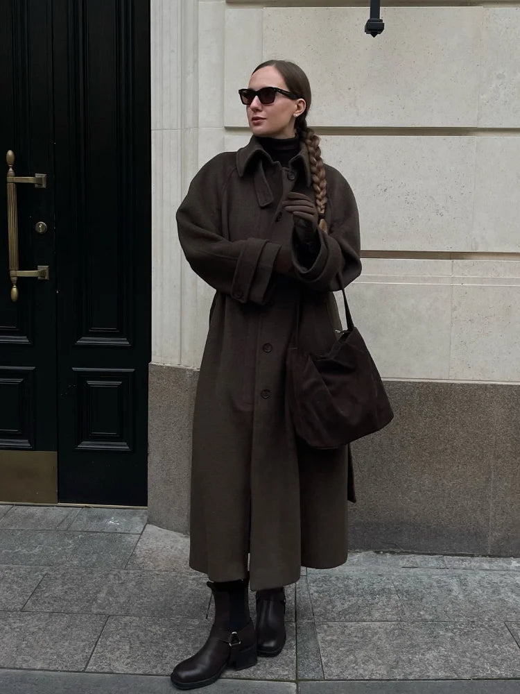 Elegant Woolen Women's Long Coat Long Sleeve Turn-down Single Breasted Female Overcoat 2025 Autumn Winter Chic Casual Lady Coats
