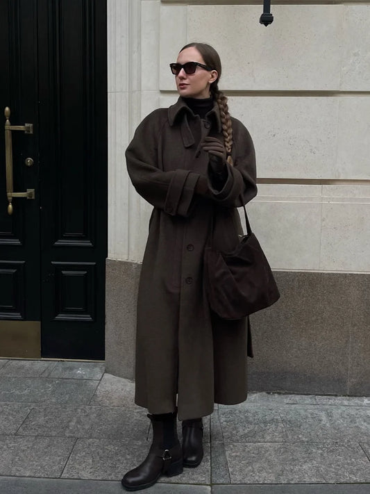 Elegant Woolen Women's Long Coat Long Sleeve Turn-down Single Breasted Female Overcoat 2025 Autumn Winter Chic Casual Lady Coats