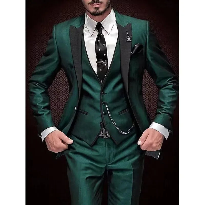 Fashion Men's 3piece Suit Sets Casual Trendy Business Solid Color Turn-down Collar Sngle Button Blazers Trousers Male Clothes