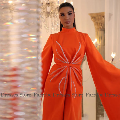 DubaiWomen's Evening Dresses Jersey Sheath/Column Celebrity Dress Orange Turtleneck Beads Pearls Special Occasion Dresses Maxi