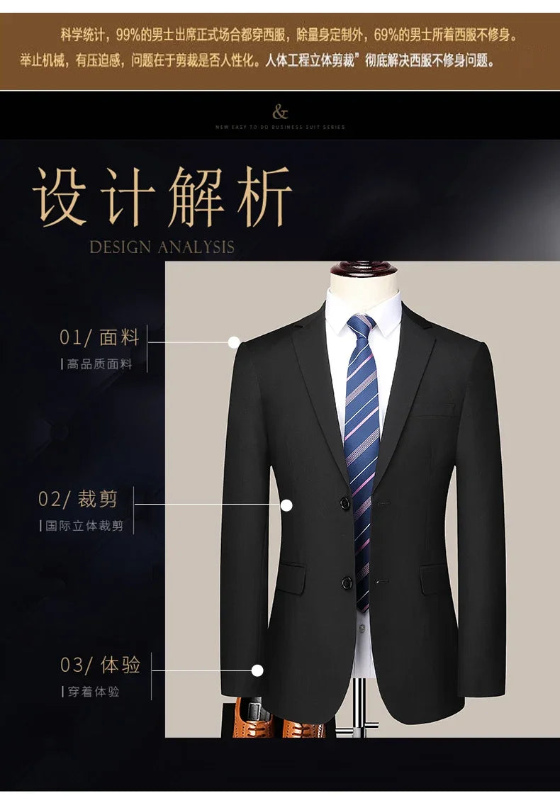 Suit  (Blazer+ Trousers) Men's Casual Formal Business Gentleman Solid Color Hosting Four Seasons Slimming Wedding Fashion Suit