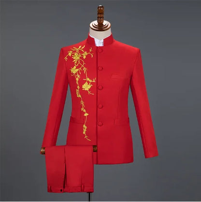2025 New Men's Chinese Style Applique Suits Slim Fit Flower Set Male Wedding Prom Party Dress Blazers Jacket and Pants