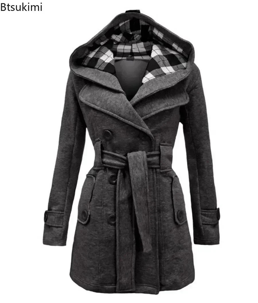 2025 Autumn Women's Hooded Overcoat Trend Double-Breasted Design Belt Side Pockets Plaid Splice Woolen Coats Winter Jacket Femme