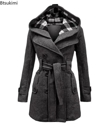 2025 Autumn Women's Hooded Overcoat Trend Double-Breasted Design Belt Side Pockets Plaid Splice Woolen Coats Winter Jacket Femme