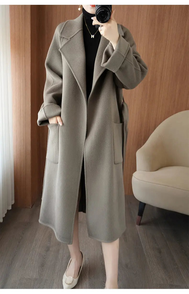 2024 Women's Wear 100% Wool Coat Autumn/Winter Fashion Temperament Double sided Cashmere Coats with Belt Elegant Long Overcoat