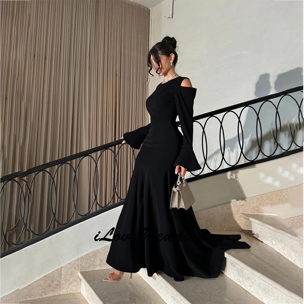 Dubai Charming Occasion Dress Jersey Mermaid/Trumpet Formal Evening Dress Black O-Neck Ruffles Flare Sleeve Ruched Prom Dresses