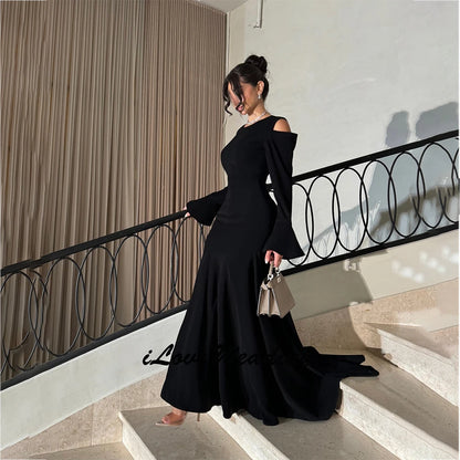 Dubai Charming Occasion Dress Jersey Mermaid/Trumpet Formal Evening Dress Black O-Neck Ruffles Flare Sleeve Ruched Prom Dresses