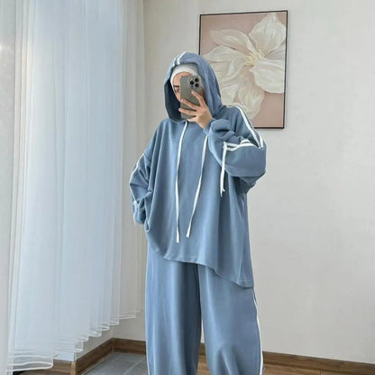 Muslim Suit Women Hoodie Top Wide Leg Pants 2 Piece Set Trousers Hooded sweatshirt Ensemble Sporty Stripe Outfits Tracksuit