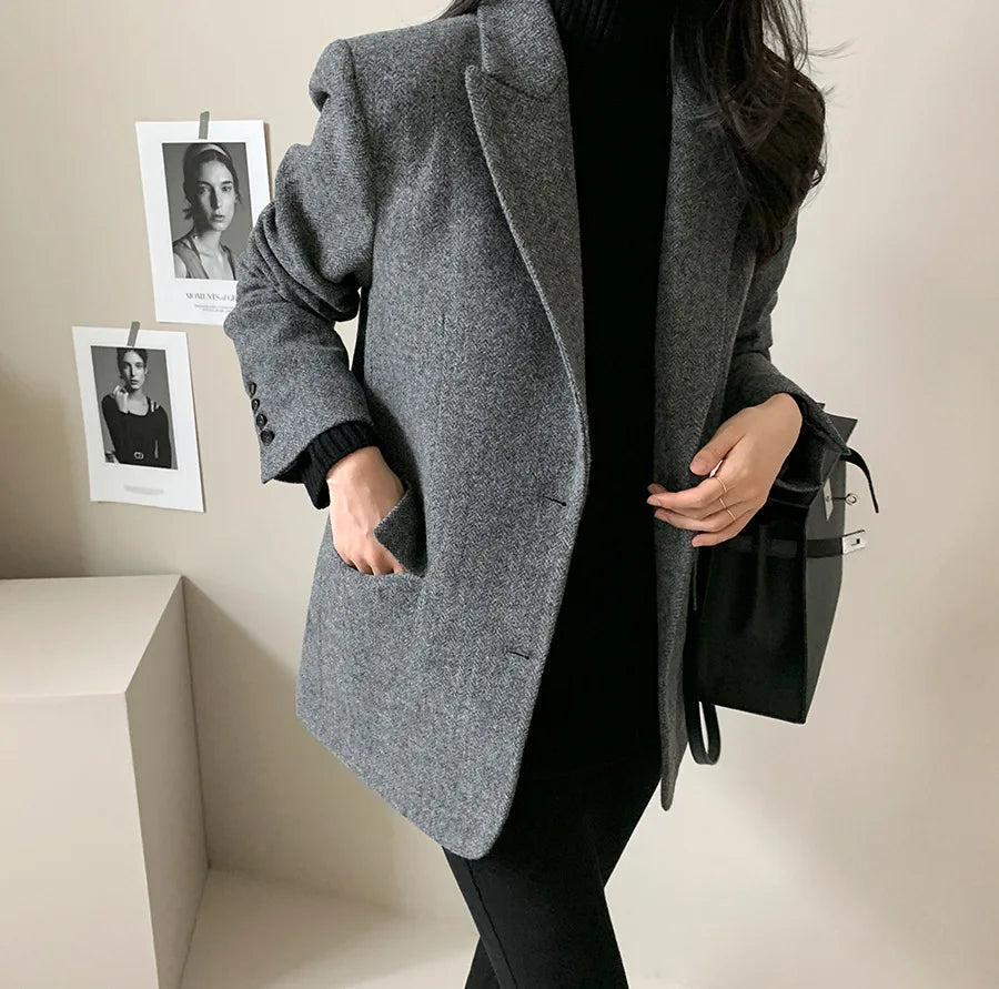Wool Women Coats Jackets Blends Turn Down Collar Coat Thick Warm Y2k Streetwear Jacket Work Outerwear Slim Fit Autumn Winter