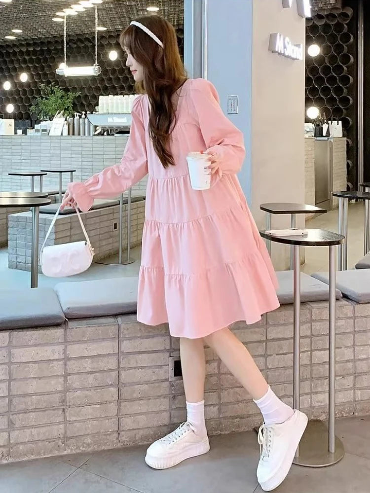Women’s Pink Long Sleeve A-Line Dress – Elastic Waist, Casual, Party & Beach Style