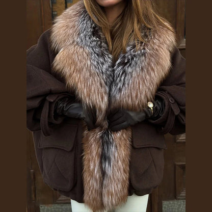 Oversized Winter Women's Coat Wide Faux Fur Collar Hooded Jackets Loose Single Breasted Outwears 2025 New Trendy Warm Lady Coats