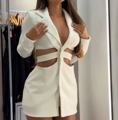 Dresses for Women 2023 Elegant Ruffle Hem Long Sleeve V-Neck Blazer Dress Button Blazer Work Formal Dresses Commuting