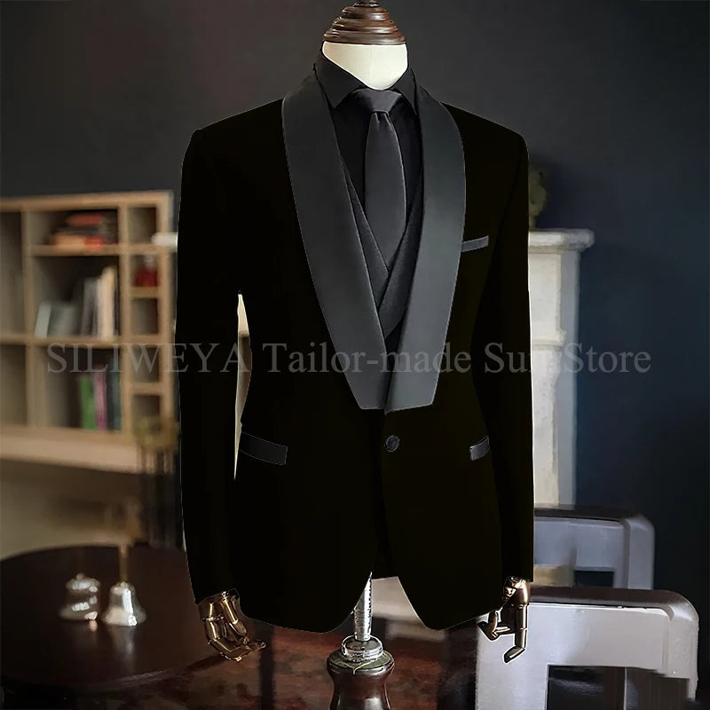 Men Suits High Quality Black Velvet 3 Piece Jacket Pants Vest Elegant Blazer Luxury Outfits Wedding Evening Party Costume Homme
