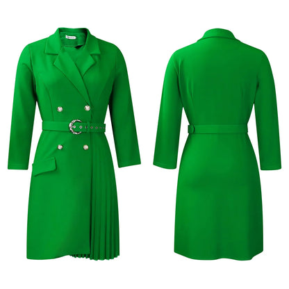 Women’s Elegant Notched Collar Dress, Long Sleeve Pleated Mid-Calf Dress with Waist Sash