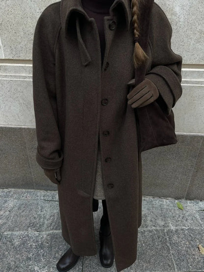 Elegant Woolen Women's Long Coat Long Sleeve Turn-down Single Breasted Female Overcoat 2025 Autumn Winter Chic Casual Lady Coats