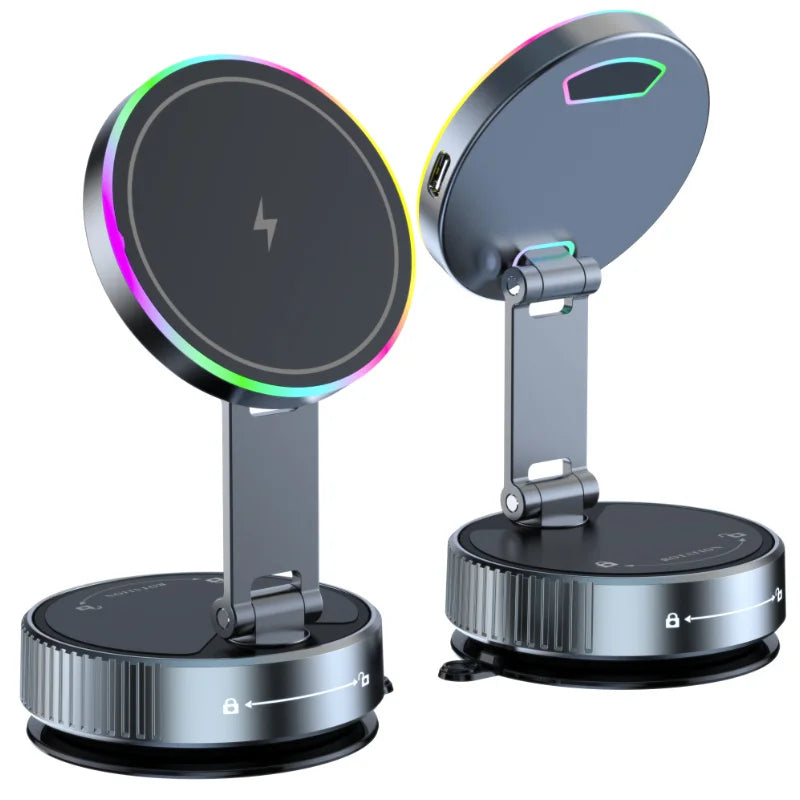 15W Vacuum Suction Magnetic Wireless Charger Car Phone Holder Mount 360 degree Rotatable Compatible with Smartphones for iPhone
